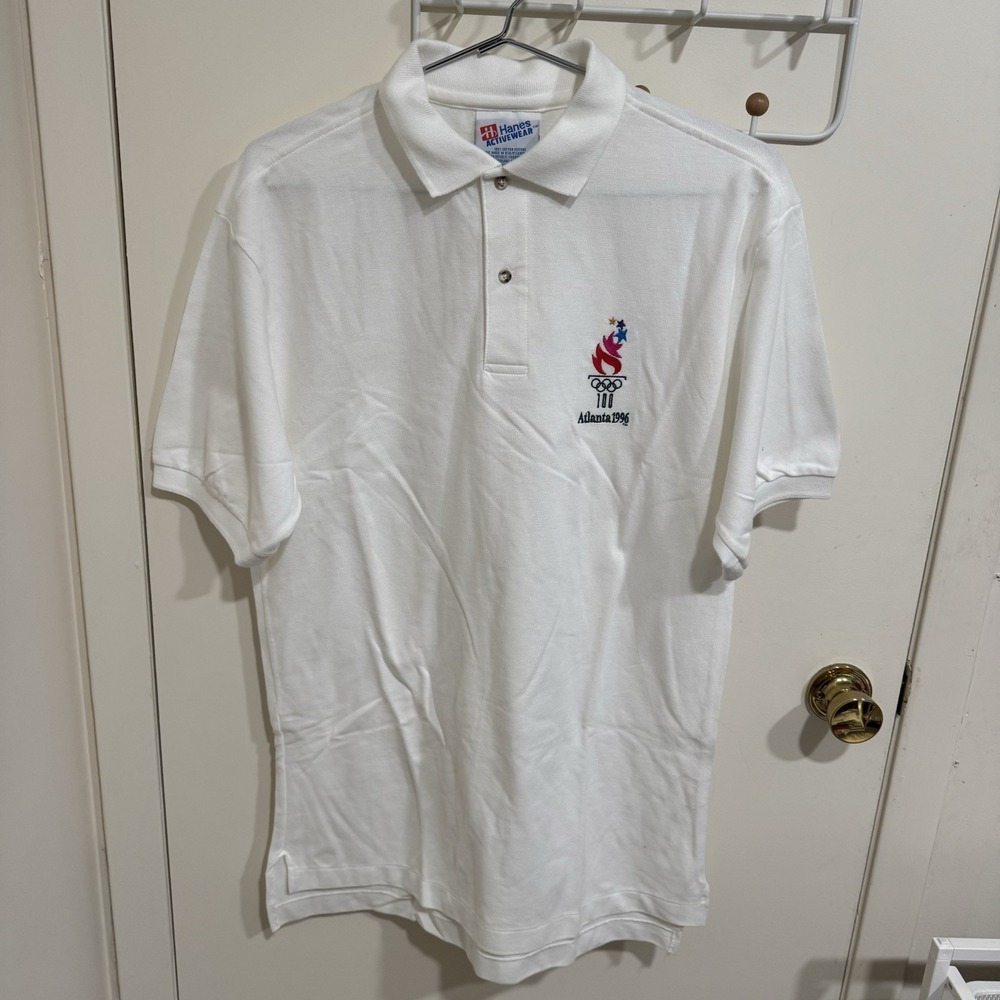 1996 Vintage Atlanta Olympic Polo Shirt Men's Medium White Hanes Activewear NWOT